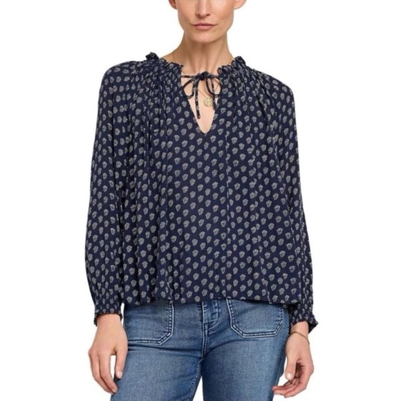 Faherty Emery Peasant Blouse Boho Tie Gauzy Size M Ditsy Floral Lotus Pattern - Picture 3 of 15